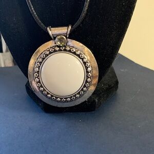 Round Silver-Tone Pendant Necklace with White Center